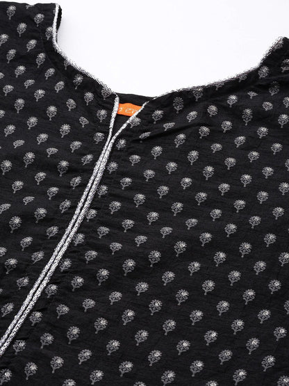 Women Black Floral Printed Kurta with Trousers & With Dupatta