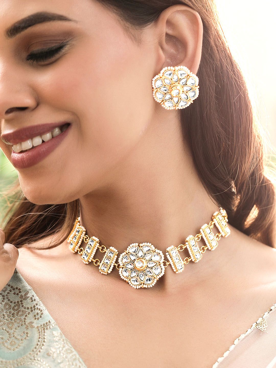 Dhiyona RJ Women's 22K Gold Plated Kundan and Pearl beaded Choker jewelry Set