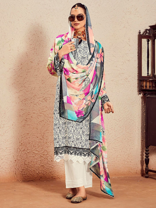 Dhiyona IE Women Floral Printed Regular Thread Work Kurta with Trousers & With Dupatta