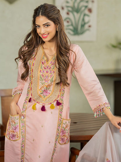 Dhiyona IE Floral Embroidered V-Neck Sequinned A-Line Kurta With Trousers & Dupatta