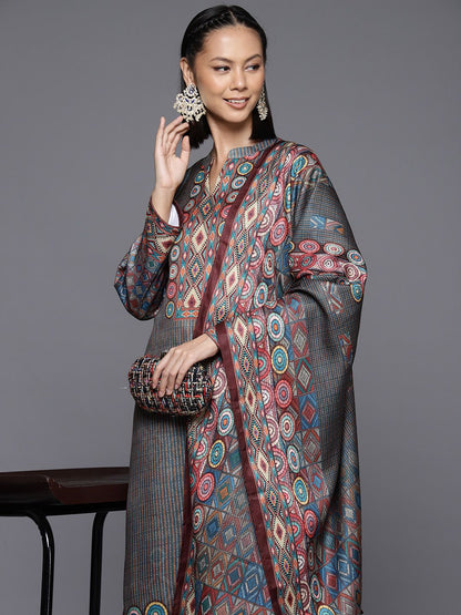 Dhiyona VA Women's Winter Abstract Printed Wool Blend Straight Kurta Set with Dupatta
