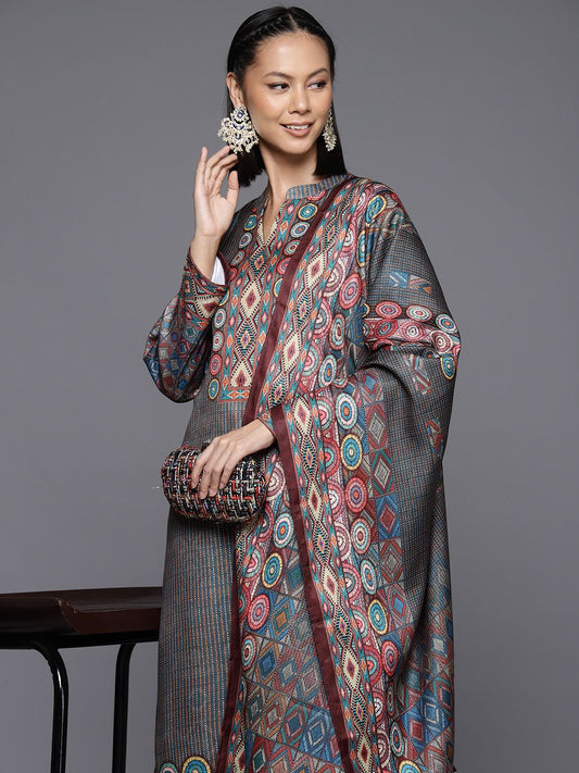 Dhiyona VA Women's Winter Abstract Printed Wool Blend Straight Kurta Set with Dupatta