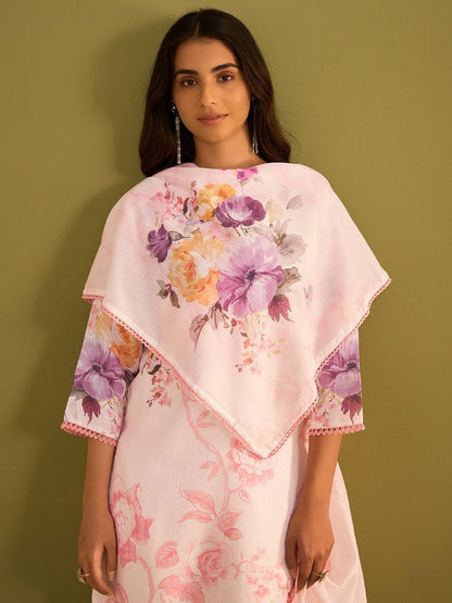 Floral Printed V Neck Linen Kurta With Trousers & Dupatta