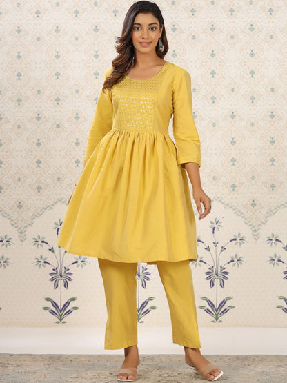 Dhiyona OD  Yellow Sequinned Detailed Anarkali Kurta With Trousers