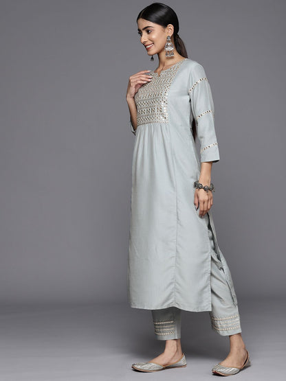 Dhiyona VA Women'sEmbroidered Mirror Work Notch Neck Panelled Kurta & Trousers With Dupatta