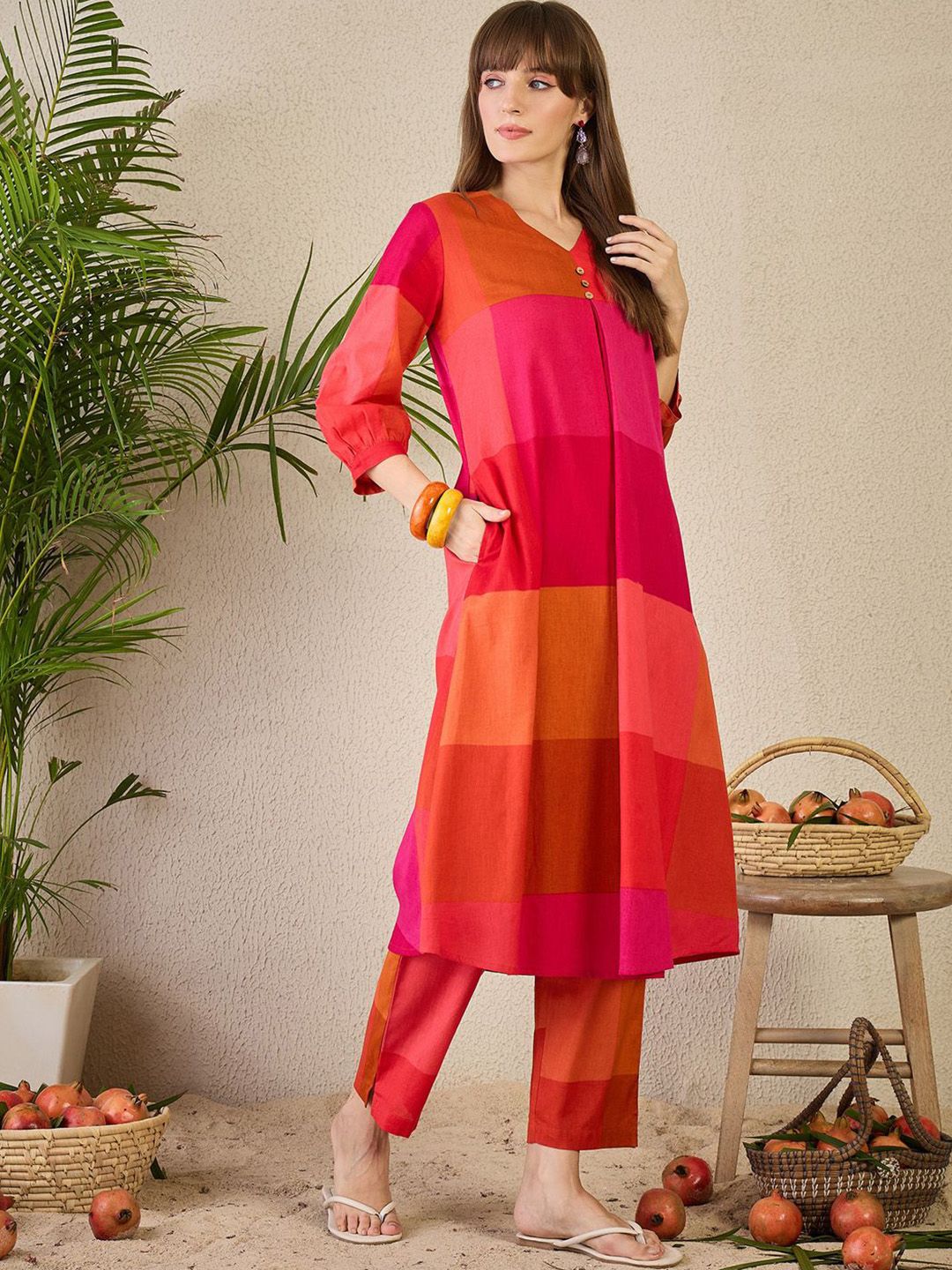 Dhiyona IE Women Pure Cotton Colourblocked A-Line Kurta With Pants Co-Ords