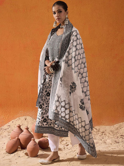 Dhiyona IE White Floral Printed V-Neck Straight Kurta with Trousers & Dupatta