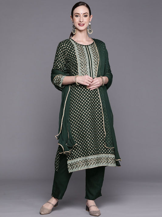 Dhiyona IE Women Green Ethnic Motifs Printed Gotta Patti Kurta with Trousers & With Dupatta