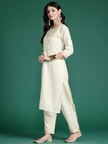 Dhiyona IE Floral Yoke Design Zari Pure Cotton Kurta With Trousers & Dupatta