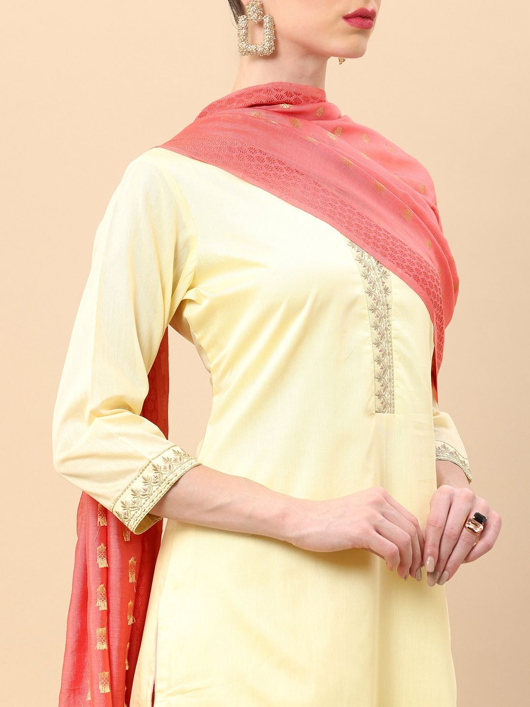 Dhiyona SO Women's Women Yellow Floral Embroidered Thread Work Raw Silk Kurta with Palazzos & With Dupatta