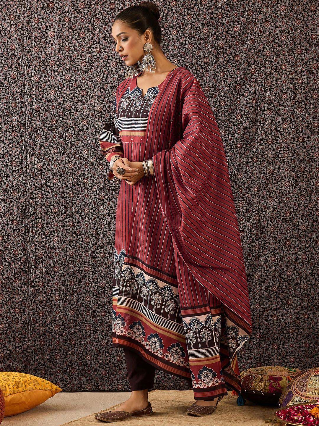 Women Floral Printed Regular Sequinned Pure Cotton Kurta with Trousers & With Dupatta