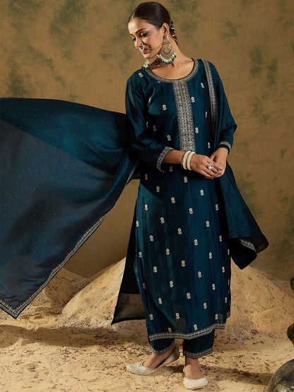 Women Embroidered Regular Sequinned Kurta with Trousers & With Dupatta