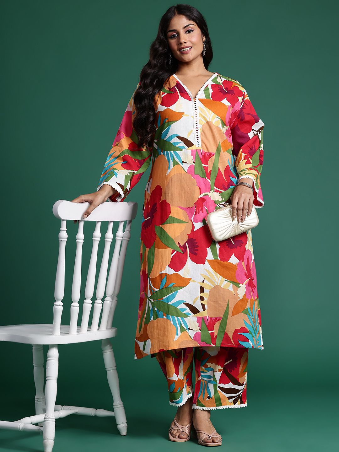 Dhiyona IE Plus Size Floral Printed Pure Cotton Kurta with Trousers