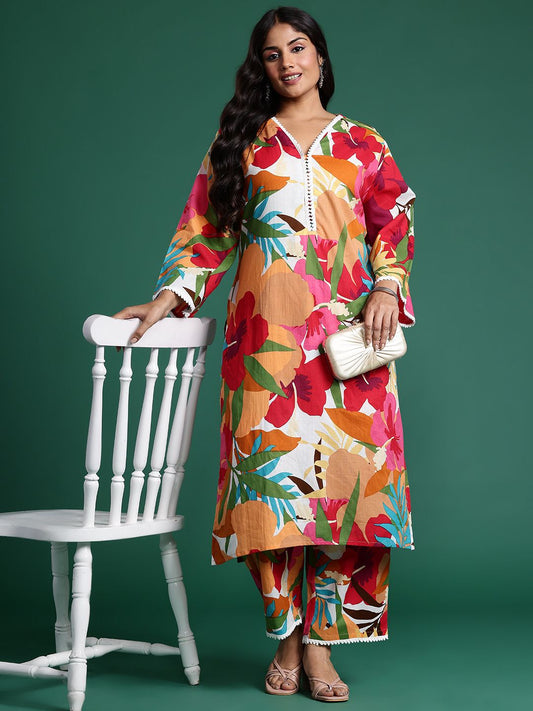 Dhiyona IE Plus Size Floral Printed Pure Cotton Kurta with Trousers