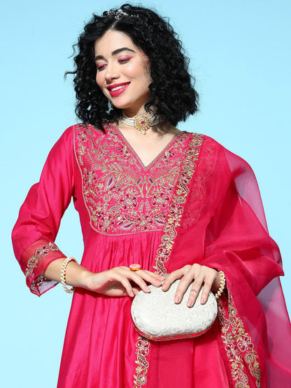 Dhiyona IE Women Fuchsia Ethnic Motifs Embroidered Kurta with Palazzos & With Dupatta