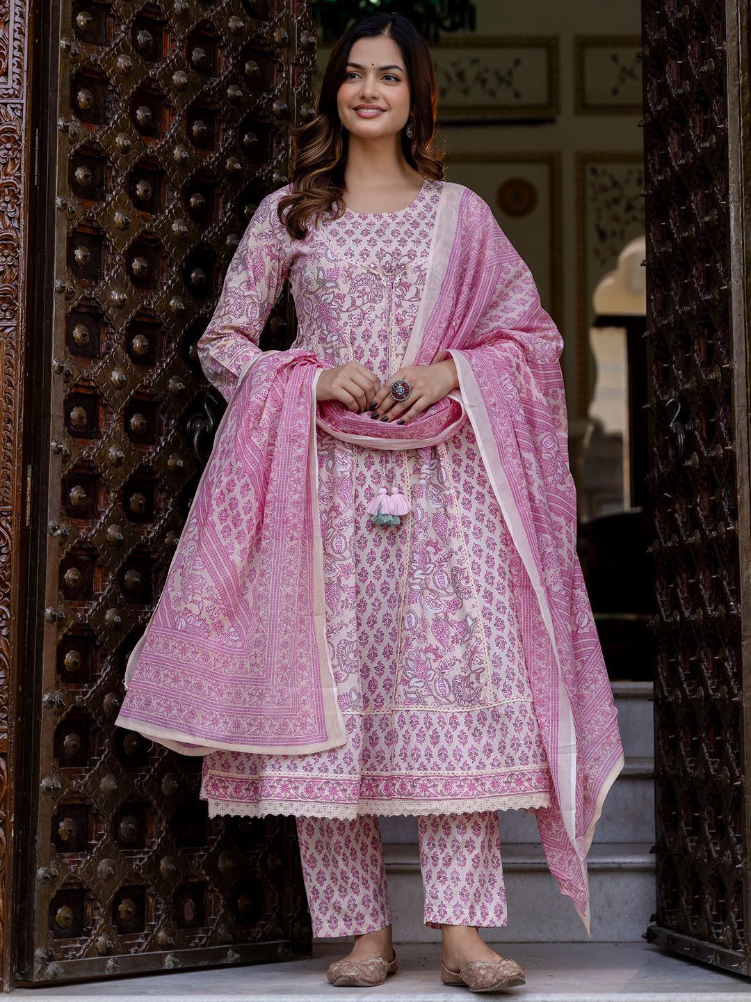 Dhiyona IE Floral Printed Empire Pure Cotton Anarkali Kurta With Trouser & Dupatta
