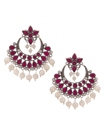 Dhiyona RJ Women's Oxidised Silver Plated Ruby & Pearl Studded Traditional Chandbali Earrings