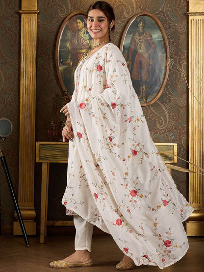 Dhiyona IE Floral Yoke Design Thread Work Straight Kurta With Trousers And Dupatta