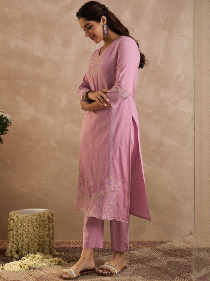 Women Floral Embroidered Regular Thread Work Pure Cotton Kurta with Trousers