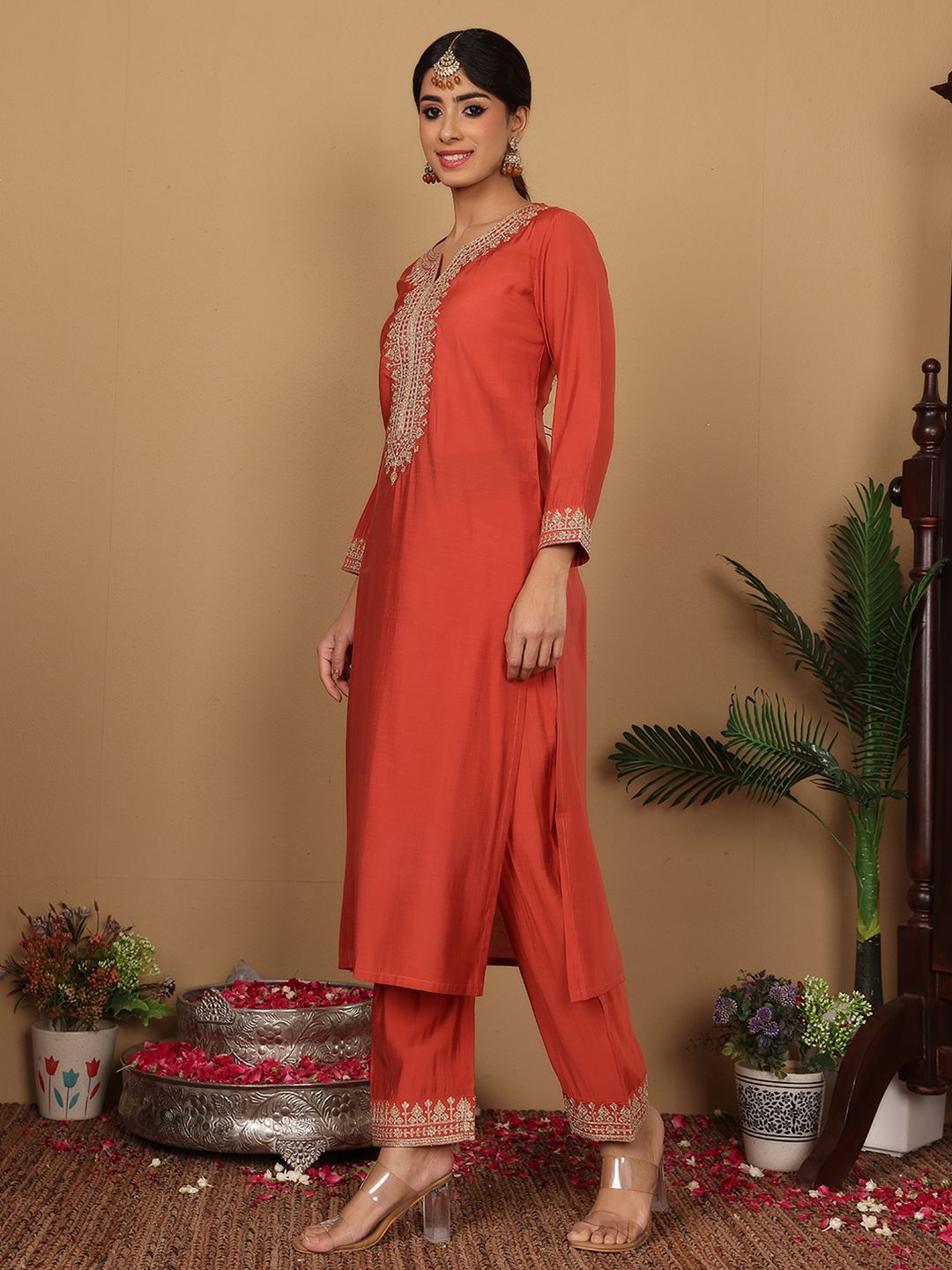 Dhiyona VA Women'sRust Floral Embroidered Regular Sequinned Straight Kurta With Trouser With Dupatta