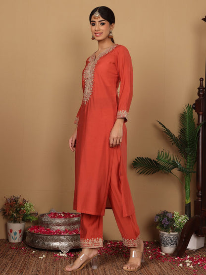 Dhiyona VA Women'sRust Floral Embroidered Regular Sequinned Straight Kurta With Trouser With Dupatta