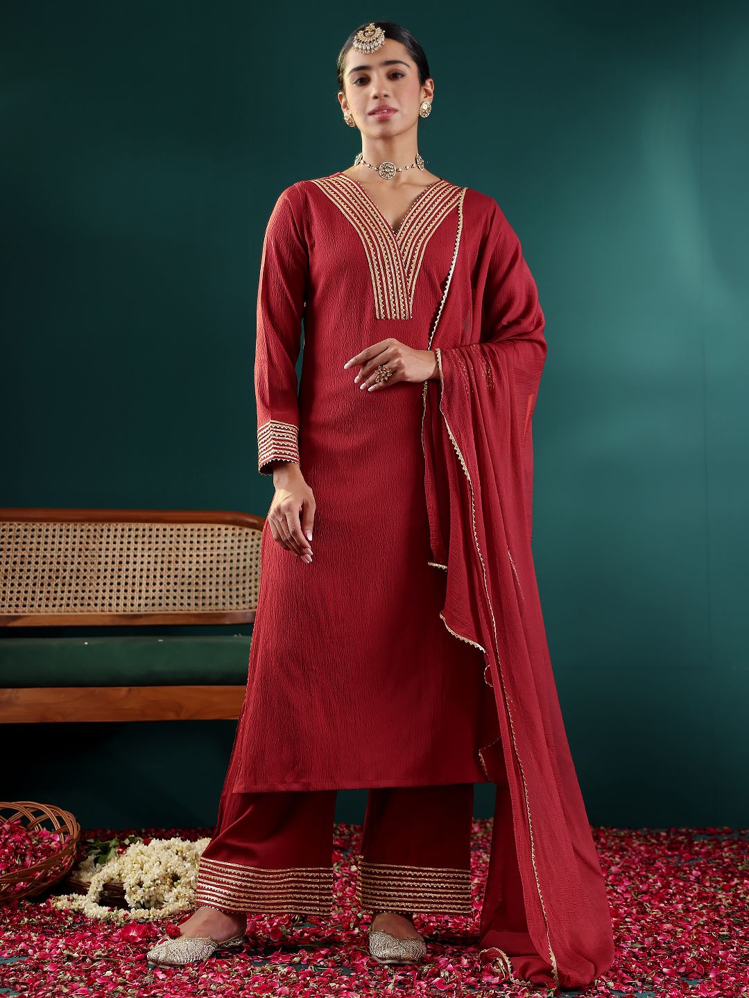 Dhiyona VA Women'sMaroon V-Neck Regular Gotta Patti Silk Crepe Kurta With Trouser With Dupatta