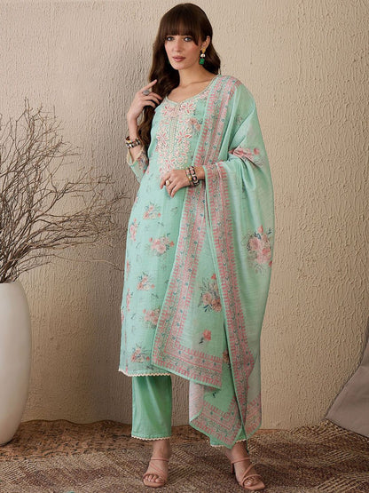 Women Floral Embroidered Regular Sequinned Linen Kurta with Trousers & With Dupatta