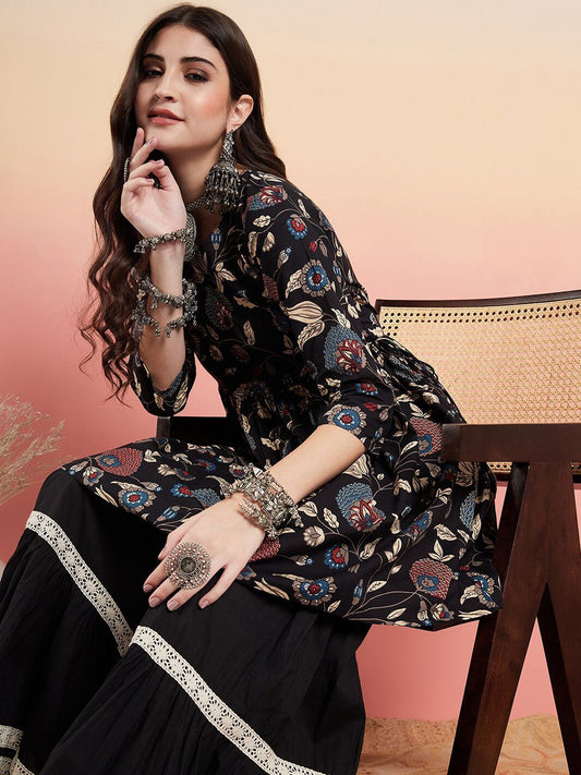 Dhiyona SN Women's Floral Printed Pure Cotton Anarkali Kurti With Sharara