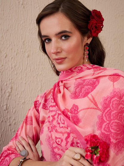 Dhiyona IE Women Floral Printed Regular Pure Cotton Kurta with Trousers & With Dupatta