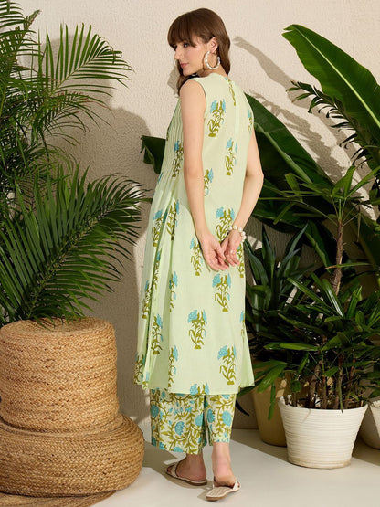 Dhiyona IE Women's Floral Printed Pleated Pure Cotton Kurta with Palazzos