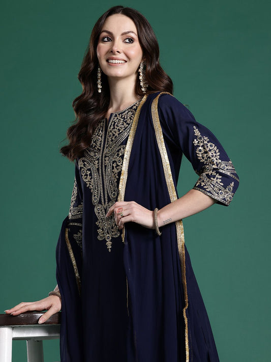 Dhiyona IE Ethnic Motifs Regular Sequinned Kurta with Trousers & With Dupatta