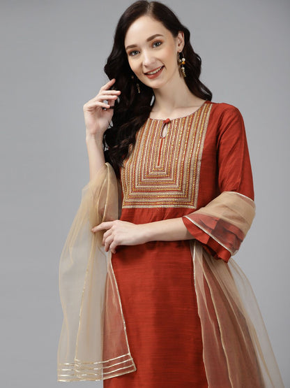 Dhiyona IE Women Orange Floral Embroidered Regular Chanderi Silk Kurta with Palazzos