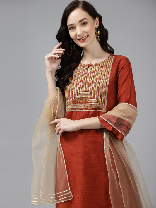 Dhiyona IE Women Orange Floral Embroidered Regular Chanderi Silk Kurta with Palazzos