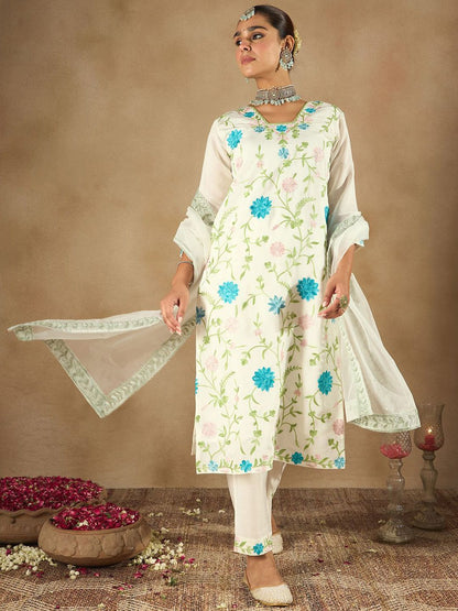 Dhiyona IE Women Floral Embroidered Regular Thread Work Kurta with Trousers & With Dupatta