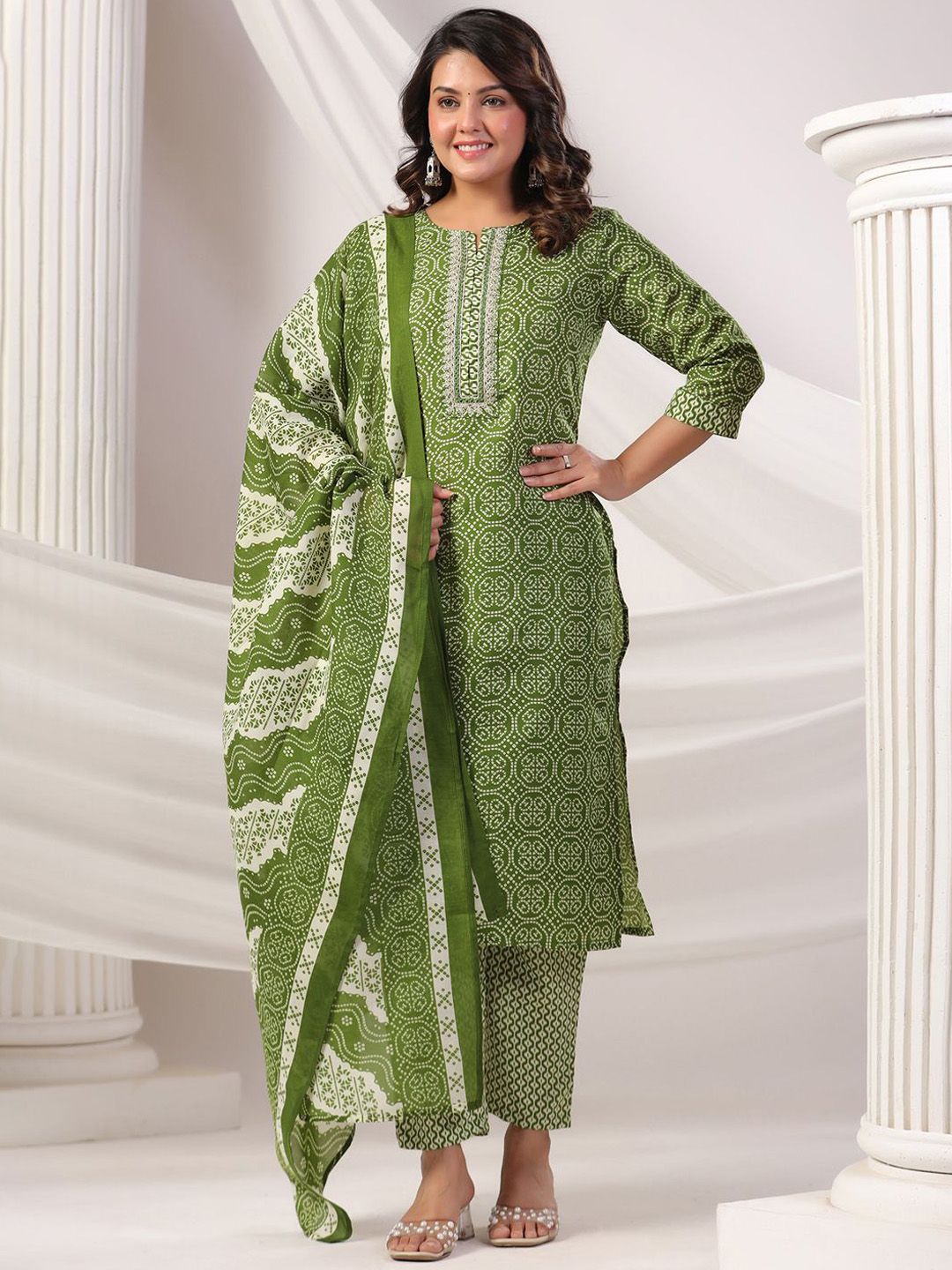 Women Bandhani Printed Regular Pure Cotton Kurta with Trousers & Dupatta