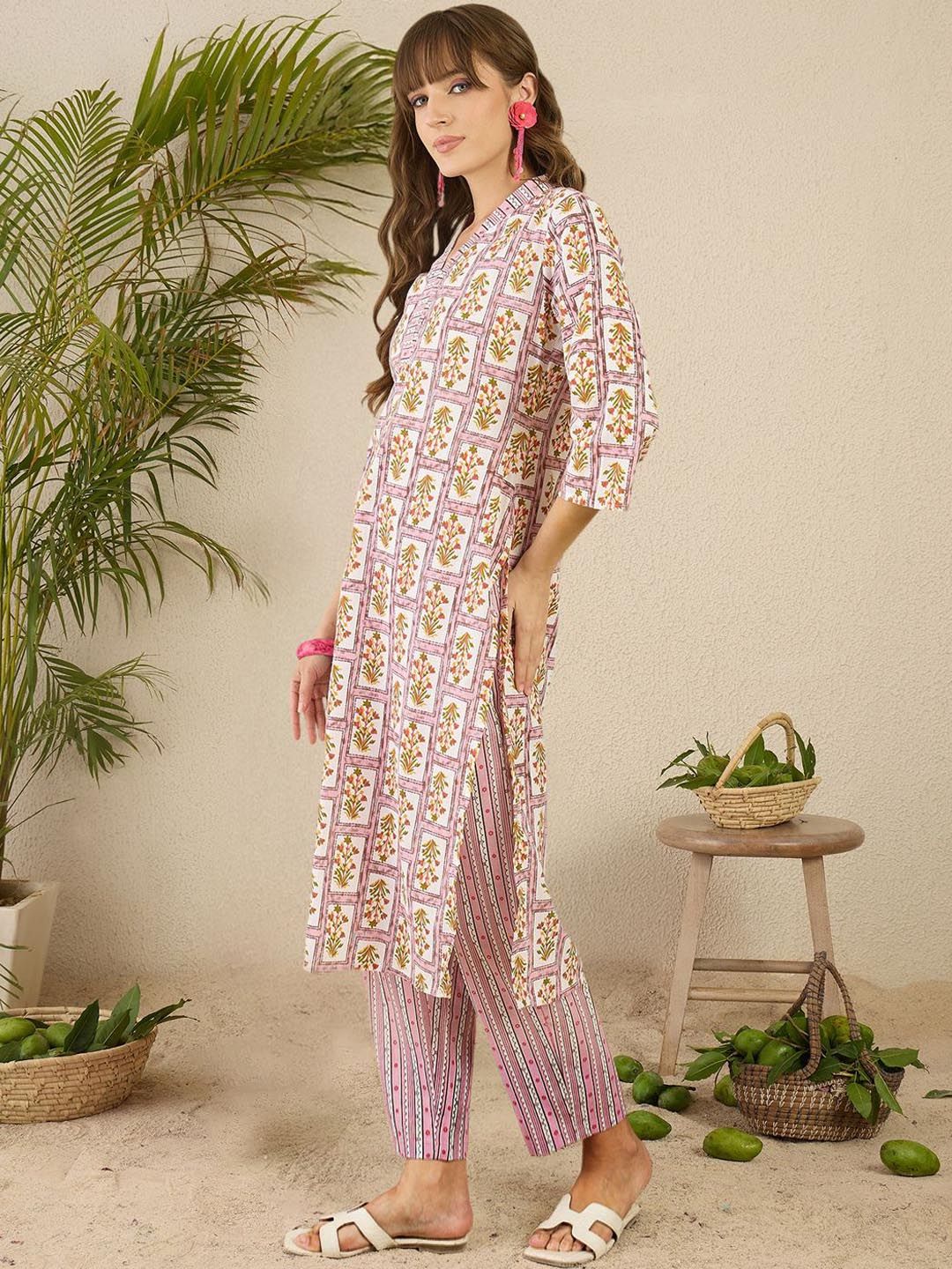 Dhiyona IE Printed Pure Cotton Straight Tunic & Trousers Co-Ord Set
