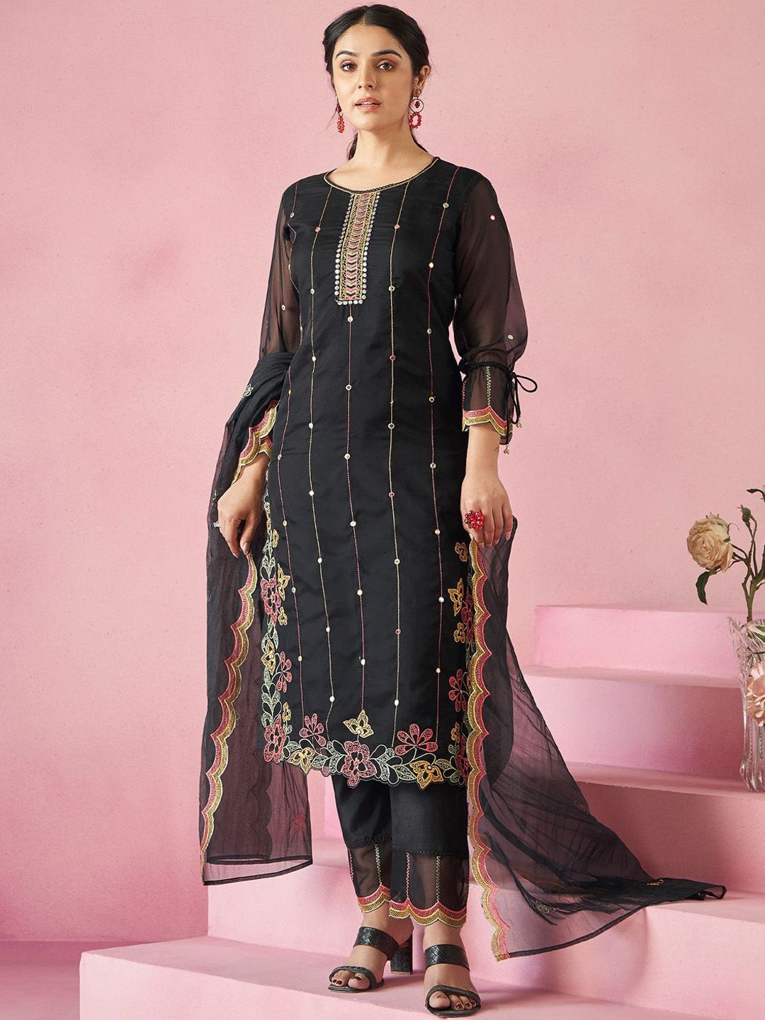 Women Floral Embroidered Regular Mirror Work Kurta with Trousers & With Dupatta