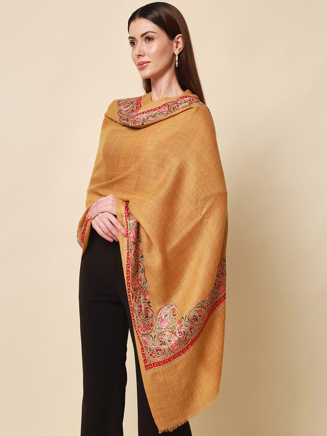 Dhiyona PA Women Yellow & Pink Embroidered Woolen Shawl