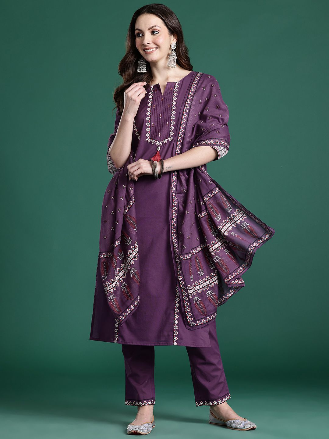Thread Work Pure Cotton Kurta with Trousers & With Dupatta