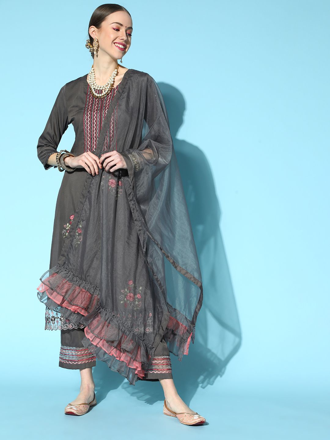 Dhiyona IE Charcoal Silk Blend Romantic Florals Kurta Set