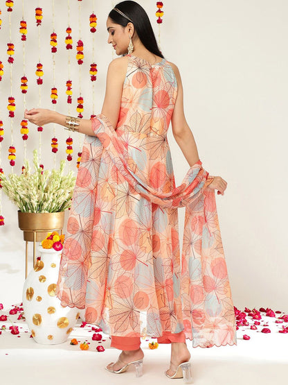 Dhiyona VA Women'sFloral Printed Halter Neck Anarkali Kurta & Trousers With Dupatta