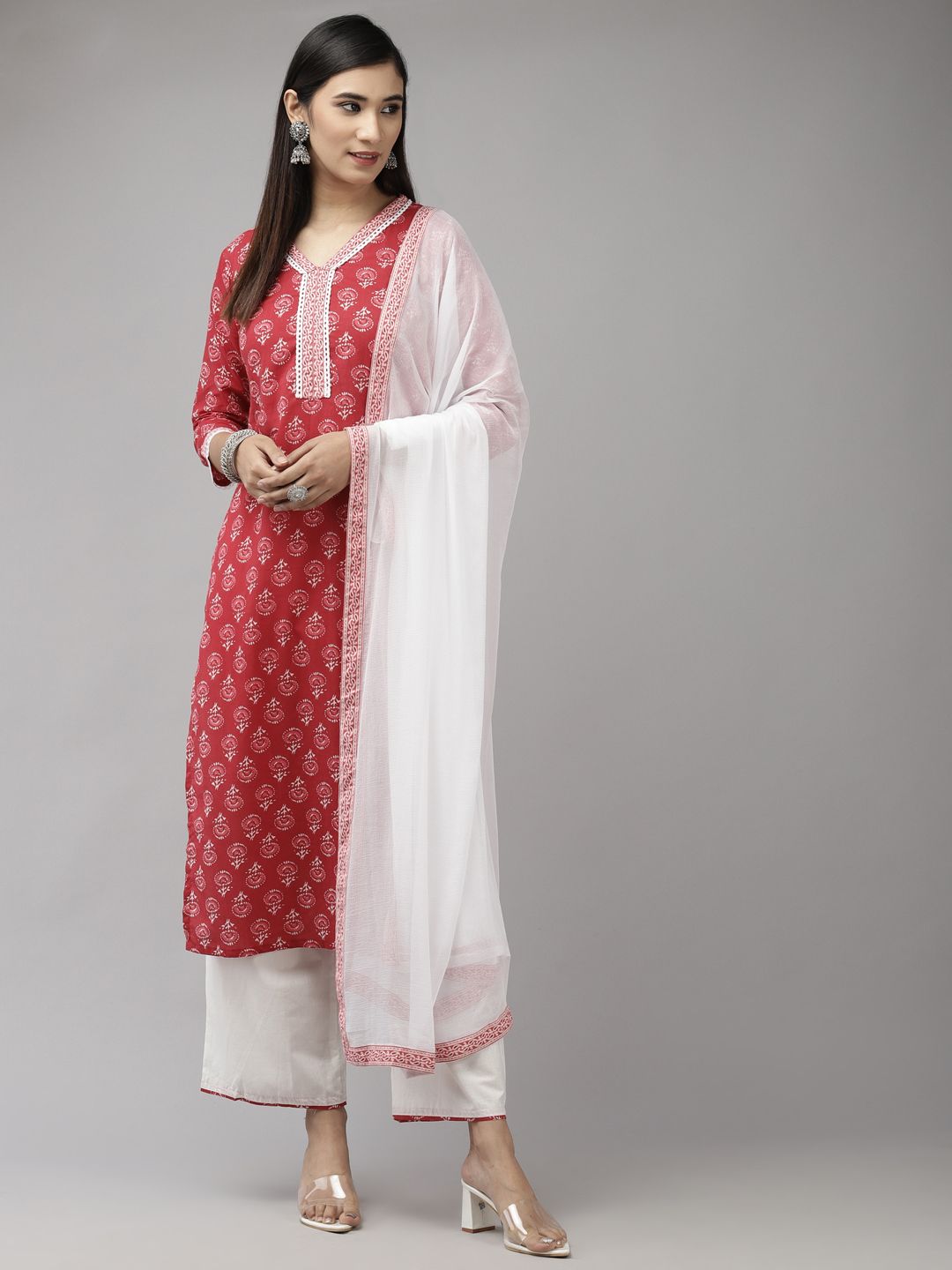 Dhiyona IE Women Red & White Ethnic Motifs Printed Kurta with Palazzos & With Dupatta