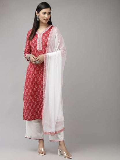 Women Red & White Ethnic Motifs Printed Kurta with Palazzos & With Dupatta
