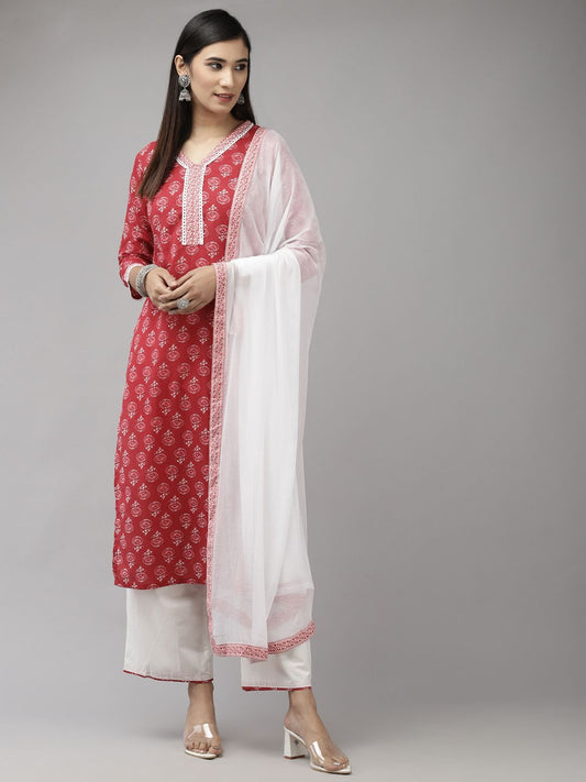 Women Red & White Ethnic Motifs Printed Kurta with Palazzos & With Dupatta