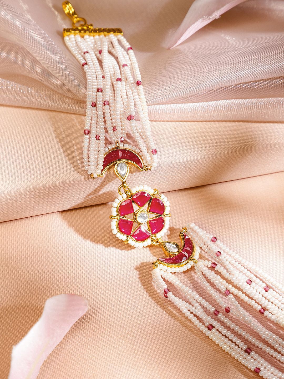 Dhiyona RJ Women's 22K Gold-Plated Ruby Pink Kundan & White Pearl Beaded Bridal Mattha Patti Headpiece