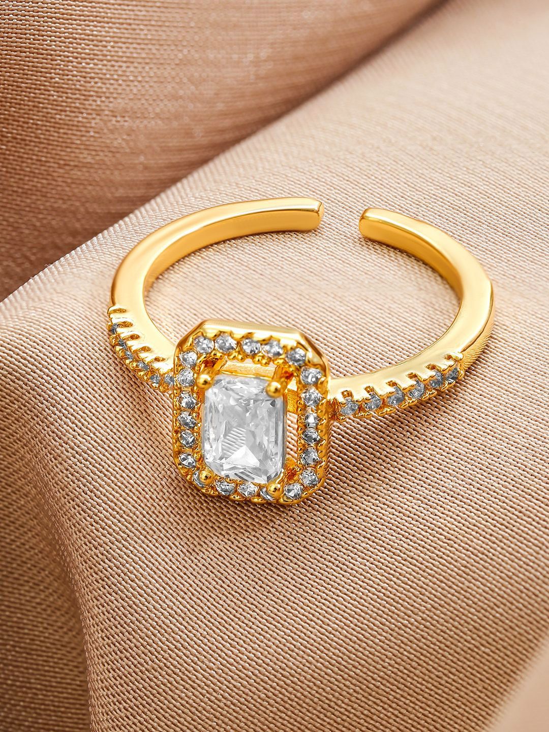 Dhiyona RJ Women's 18K Gold-Plated Adjustable White Cubic Zirconia Studded Rectangular Halo Ring