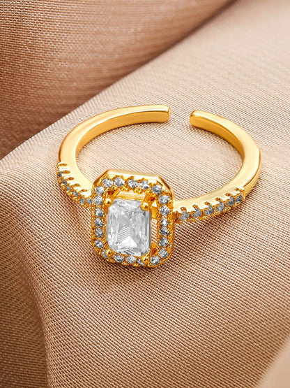 Dhiyona RJ Women's 18K Gold-Plated Adjustable White Cubic Zirconia Studded Rectangular Halo Ring