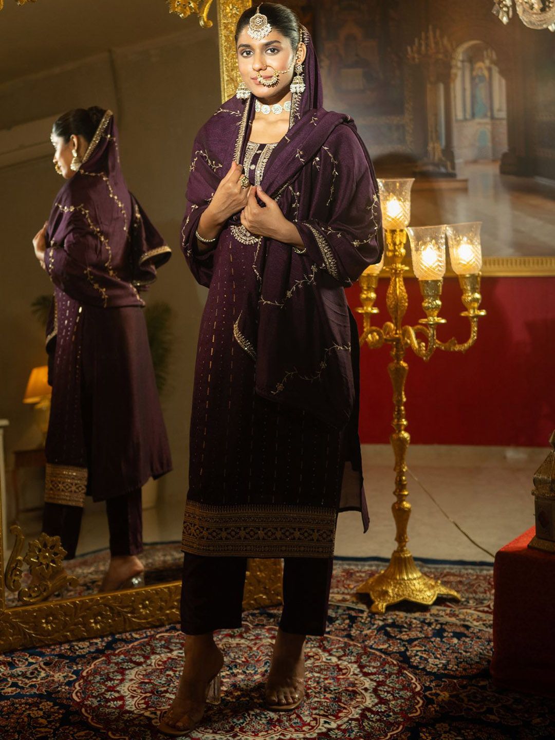 Sequinned Embroidered Round Neck Kurta With Trousers & Dupatta