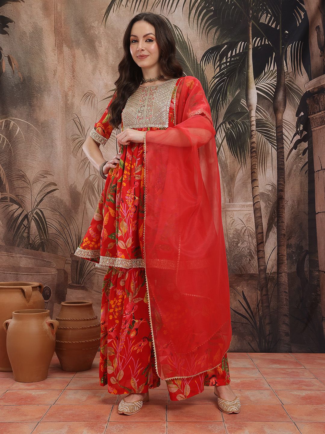 Dhiyona SN Women's Floral Printed Pleated Kurta with Sharara & With Dupatta