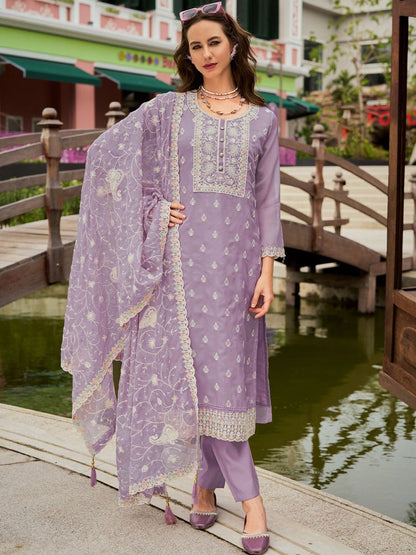 Dhiyona IE Floral Embroidered Round Neck Mirror Work Organza Kurta & Trouser & Dupatta